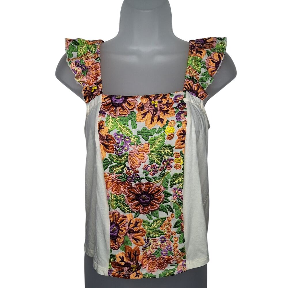 Anthropologie Tiny Embroidered Peasant Top S Floral Ruffle Sleeve Boho Cottage